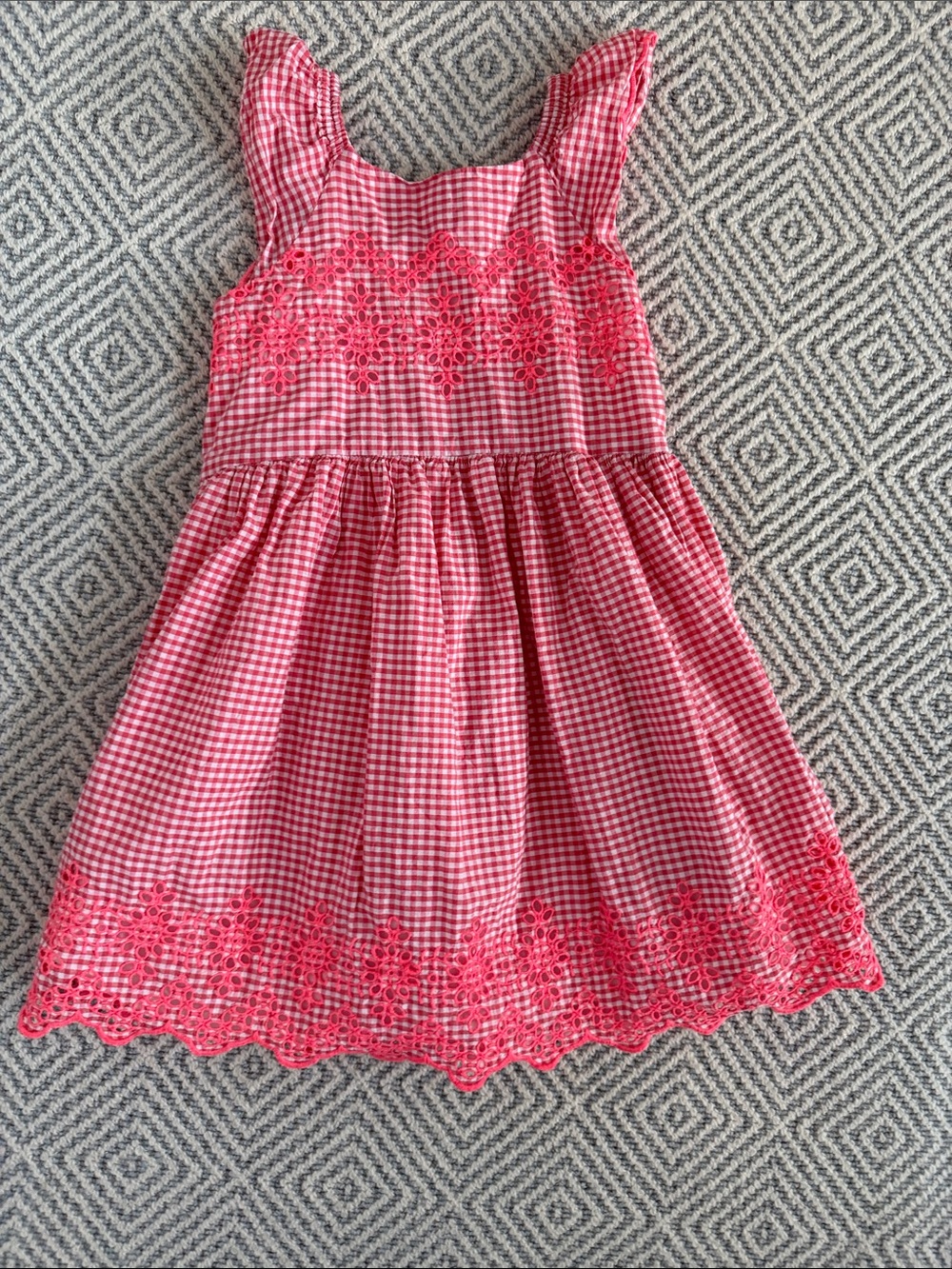 GAP Girls' Coral Gingham Dress with Floral Eyelet Trim